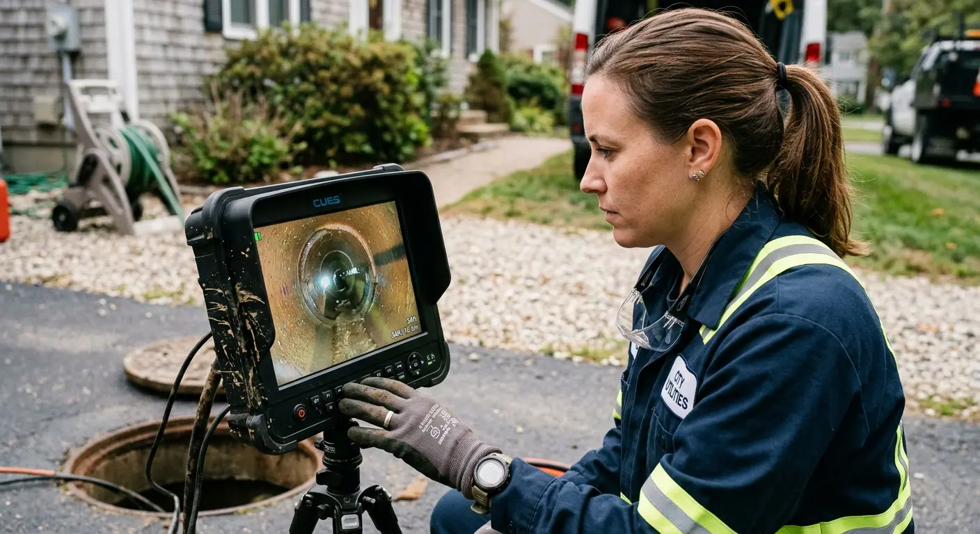Technician reviewing sewer camera inspection footage in Royalton